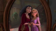 Gothel and Rapunzel looking at their reflections in a mirror.