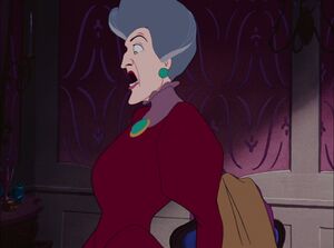 Lady Tremaine shocked and horrified to see Cinderella having dropped the breakfast tray.