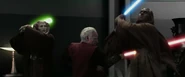 Darth Sidious impaling Agen Kolar through the abdomen with his lightsaber, killing him.