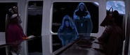 Darth Sidious revealing his new apprentice Darth Maul to Nute Gunray and his aid.
