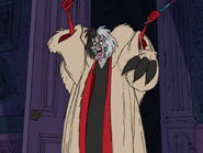 Before leaving, Cruella threatens to turn Jasper and Horace over to the police if they don't kill the puppies.