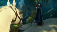 Gothel startled when Maximus, the Captain of the Royal Guard's horse jumps in front of her.