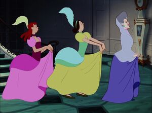 Lady Tremaine and her daughters wearing elegant dresses.