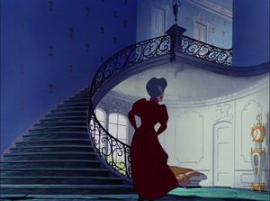 The next morning, Lady Tremaine is in a hurry as she looks for Cinderella.