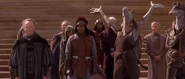 Chancellor Palpatine celebrating the liberation of Naboo as Amidala and Boss Nass shared a symbolic globe of peace.