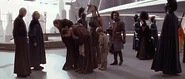 Palpatine and Chancellor Valorum meeting Qui-Gon Jinn, Obi-Wan Kenobi, and the Naboo Royal Court.