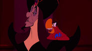 Jafar being asked by Iago if he successfully prevented Jasmine from interfering with their plans.