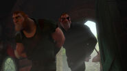 The Stabbingtons arriving at the Snuggly Duckling restaurant after being caught and apprehended by the royal guards.