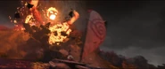 Te Kā creating an explosion, causing Moana to fall off her boat.