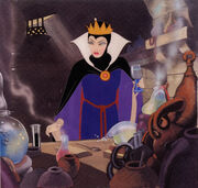 Rare production cel of the Queen creates the potion to transform herself into a witch.