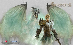 Wallpaper of a Human Dragon Knight besides their Dragon form from Divinity II: Ego Draconis website