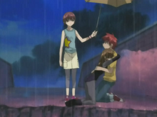 Episode 16 Riku protects Daisuke and Risa with her umbrella