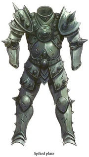 A set of Spiked Plate armor contains spiked pauldrons, a large spike on each elbow (the cowter), rows of spikes on the Faulds, and spikes running down the sides of the legs (the Cuisses, Poleyns, and Greaves