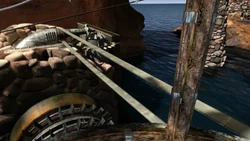 The waterwheel which powers the island.