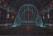 The Temple in wireframe mode; the red objects indicate light sources.