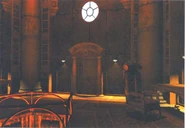 Early version of Gehn's lab, showing an elaborate armchair. It was scrapped and totally redesigned for the finished game, because as the production progressed, so Gehn's backstory and personality was further developed; the elegant scenery didn't fit with his brutal temperament.[1]