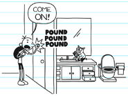 Greg pounds the bathroom door as The Heffley Family's pig inside