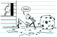 Greg kicks Manny's snowman in front of Frank