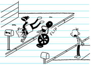 Greg is shocked to see Rowley falls off from Big Wheel after it was knocked by football and flip over