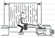 Greg opens the toilet lid with a mop to check any sewer wasps