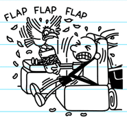 Greg fighting with the seagull over a bag of cheese curls.