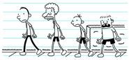 Greg, Rowley, and their parents walking to Nasty Pants's house