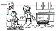 Greg and Rowley picking up snowballs and putting them in the freezer.