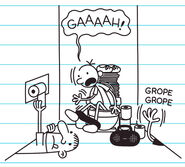 Greg is shocked to see kids raiding his private stall for the toilet paper