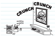 Manny watching The Murples while munching a Rock Candy Crunch cereal of how Munchy Murple munching the same food as him