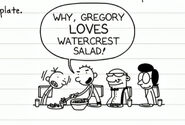 Rodrick piling Watercress Salad on Greg's plate