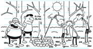 Greg attempts to start a fire with Emilio's glasses