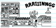 An alarm goes off at the time Greg eats a cupcake while at least 8