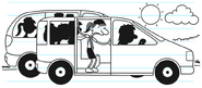 Girl Scouts arriving, with one Girl Scout ready to exit a van.