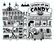 Greg walks past the Halloween candies in supermarket