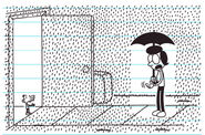 Manny won't step foot outside when it is raining because of Frank's words. Susan is encouraging him to come out with her umbrella to cover him.