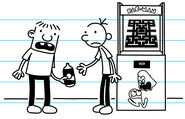 Greg gives Rowley a empty bottle for the Pac-Man arcade