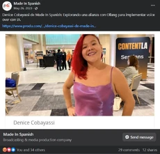 Denice Cobayassi anunciando la implementación de IA para voice overs a través de la colaboración de  y Ollang'"`UNIQ--ref-00000001-QINU`"'.