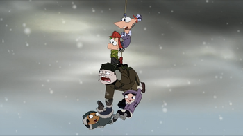 Phineas and gang dangling from rope 2