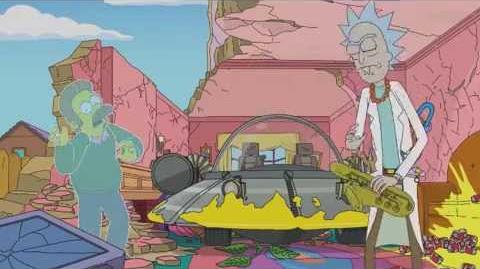 Cameo de Rick y Morty en Los Simpson, en donde se les puede apreciar con otras voces diferentes a la serie.