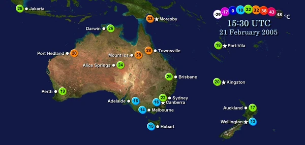 Temperatures for various Australian cities, in Celsius, at 15:30 UTC on 21 February 2005