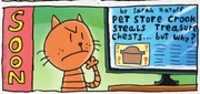 Petey reading the recent news on the thievery at Penelope's Pets