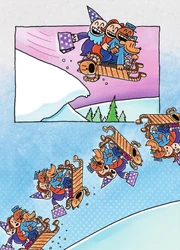 Dog Man and his friends riding at frozen Flat Petey, heading down from the mountains as Dr. Boog E