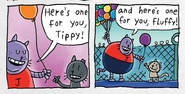 Fluffy receiving a purple balloon from Big Jim