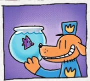 Dog Man receives a free fish at Penelope's Pets