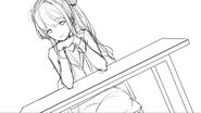 The first concept sketch of Monika's CG in Act 3. The angle was soon adjusted to be straight-on to give the impression that the player is sitting directly across from Monika.