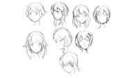 A sketch page by David Evelyn to test and compare different hairstyles for Sayori.