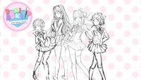 A collection of each of the characters' original sketches before being outlined and colored in. Natsuki's head angle was changed to make her pose more natural and candid, rather than striking a model-like pose.