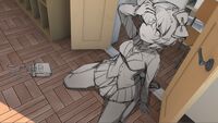 The sketch of Sayori's second CG, cut out and aligned with the angle of the background. Because the backgrounds were first rendered in 3D, some fine adjustments were required to make sure the 2D drawing of the character fit seamlessly into the perspective of the scene.