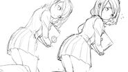 Some concept sketches of Natsuki's second CG. Due to the scene's lack of realism and general absurdity, it was a challenge to get Natsuki's angle correct, especially in perspective alignment with the background.