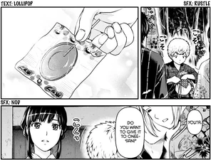 Ayano-san's 5-year-old-child, Youta, gives Hina a lollipop